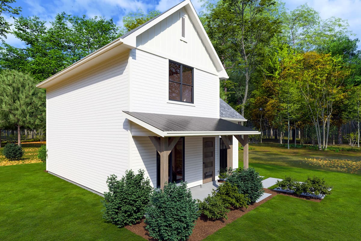 Modern Farmhouse house plan exterior, two stories, white siding, gabled dormer, metal porch roof with wood supports.