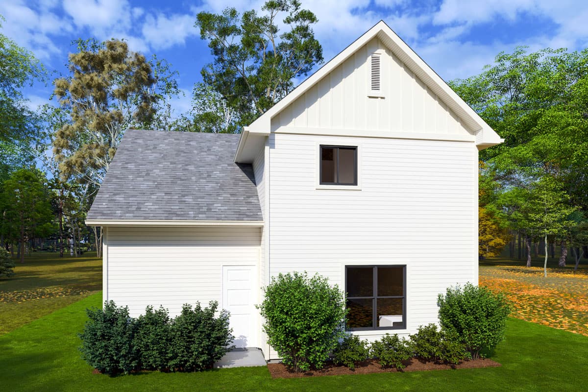 Modern Farmhouse house plan exterior: two stories, gable roof, horizontal siding, and dark-framed windows.