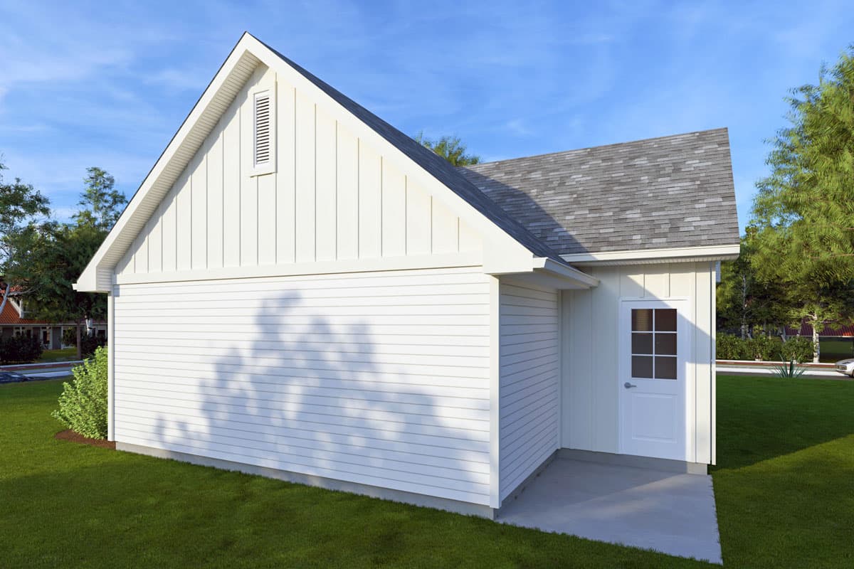 House plan exterior with vertical and horizontal siding, gable vent, and shingled roof.