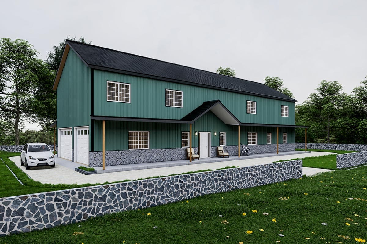 Two-story house plan exterior with a gabled entrance porch, standing seam metal siding, and a two-car garage.