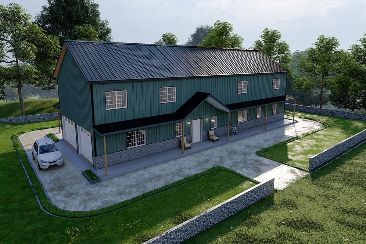 Two-story house plan exterior with metal siding, dual garage doors, covered porch, and stone foundation.