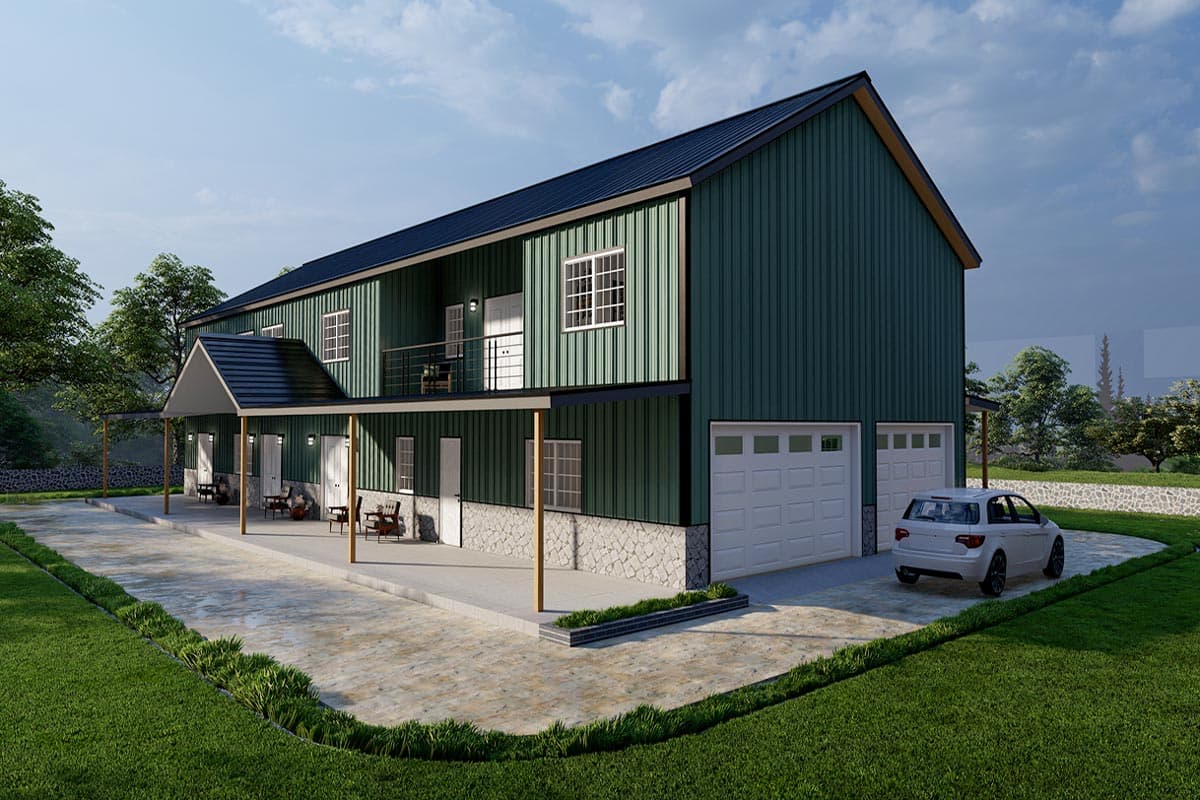 House plan exterior: two-story home with a wraparound porch, metal siding, stone foundation, and a three-car garage.