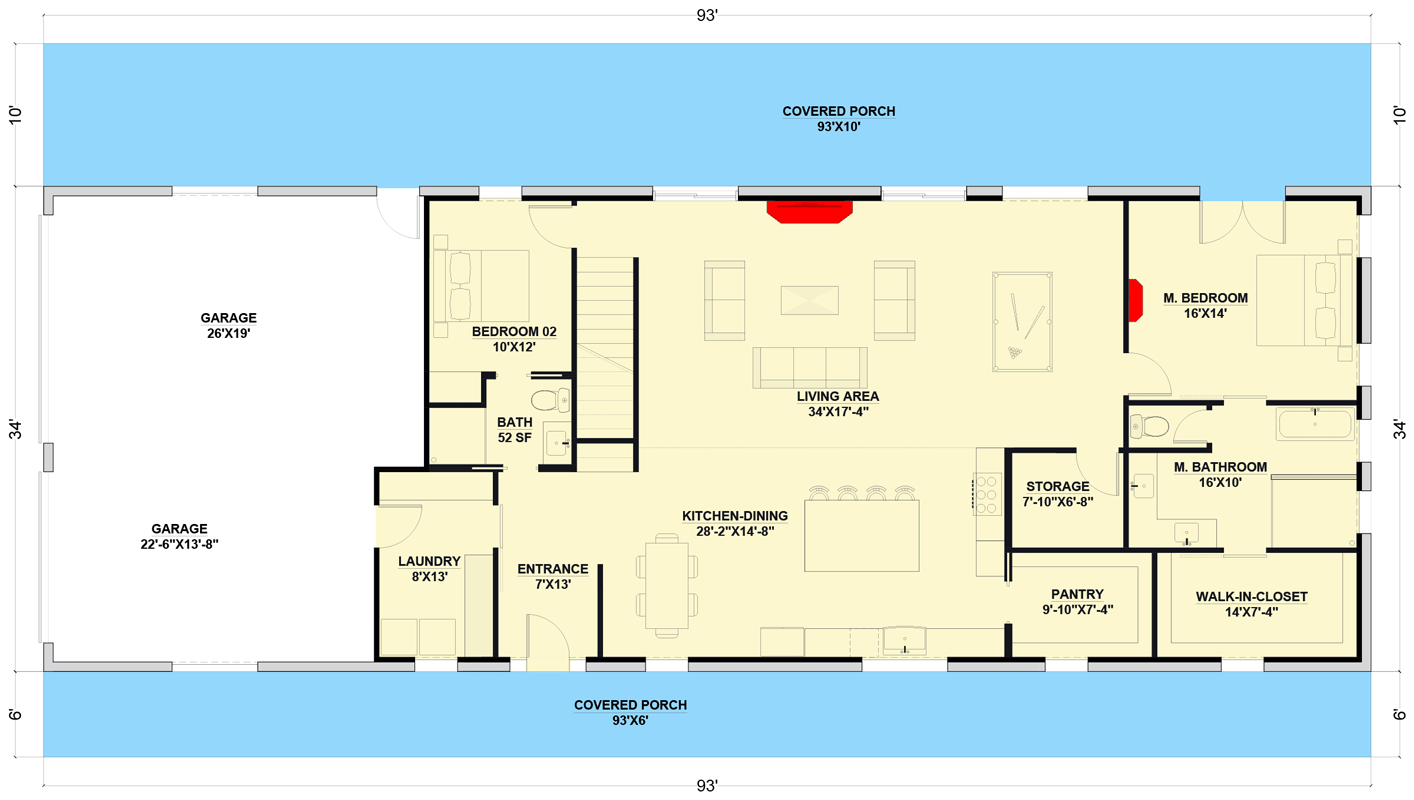 Plan 530118KTE: 6-Bed Barndominium House Plan with Two-Story Master Suite - 4360 Sq Ft - Floor Plan - Main Level - Barndominium, Country