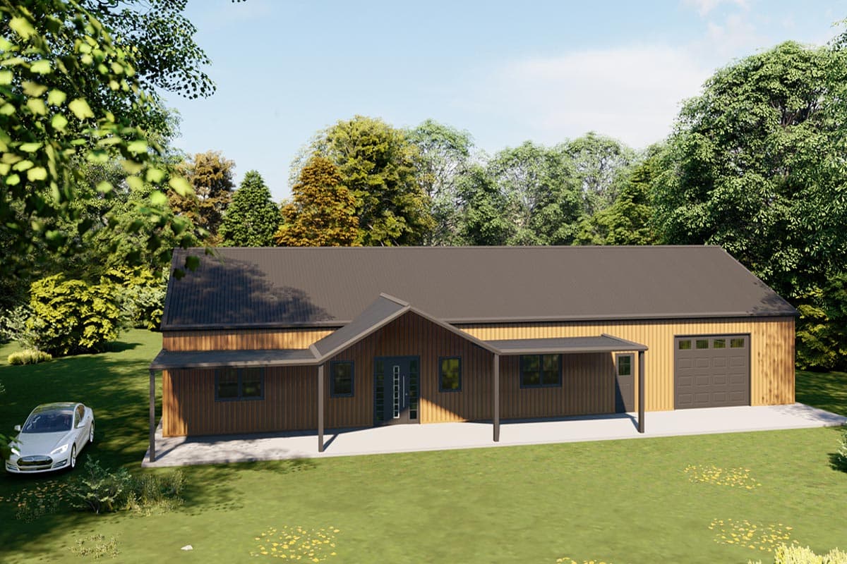 House plan exterior: Single-story ranch with a dark metal roof, covered front porch, and attached two-car garage.