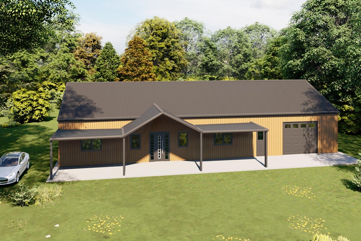 House plan exterior: Ranch style, one story, with a metal roof, covered porch, and attached garage.