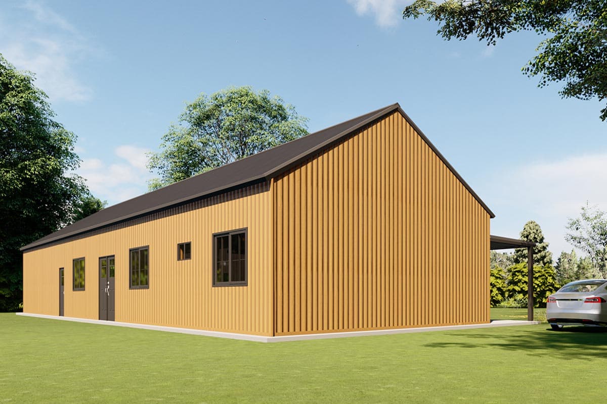 Modern house plan exterior, single story, with vertical siding, gabled roof, multiple windows, and a covered patio.
