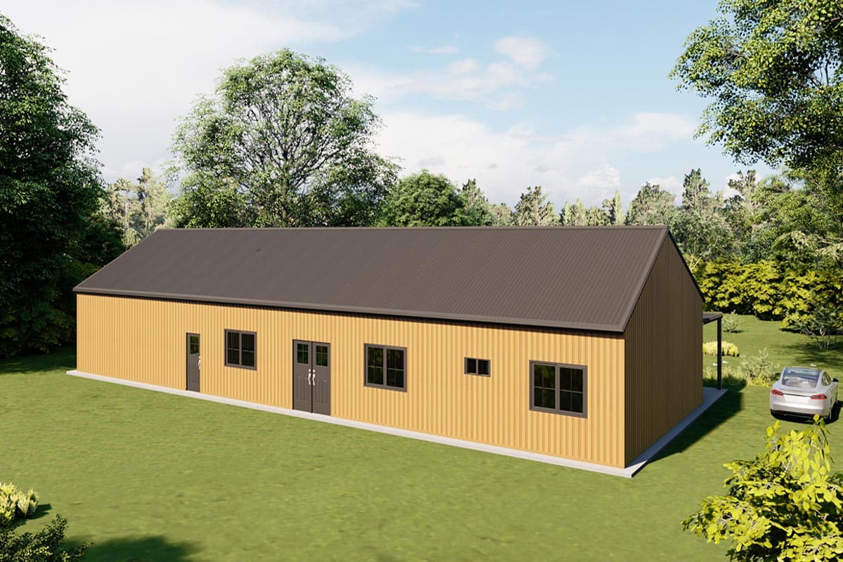 House plan exterior rendering of a one-story home with a gambrel roof, corrugated siding, and multiple windows.