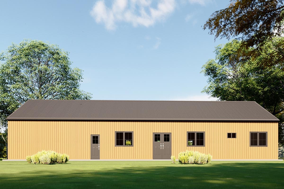 House plan exterior, single-story with a metal roof, featuring a central double door and multiple windows.