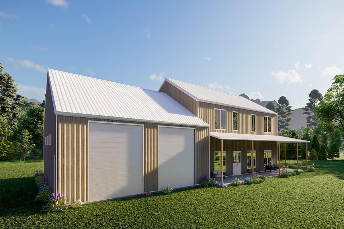House plan exterior: Two-story modern barn-style house with two-car garage, covered porch, and vertical metal siding.