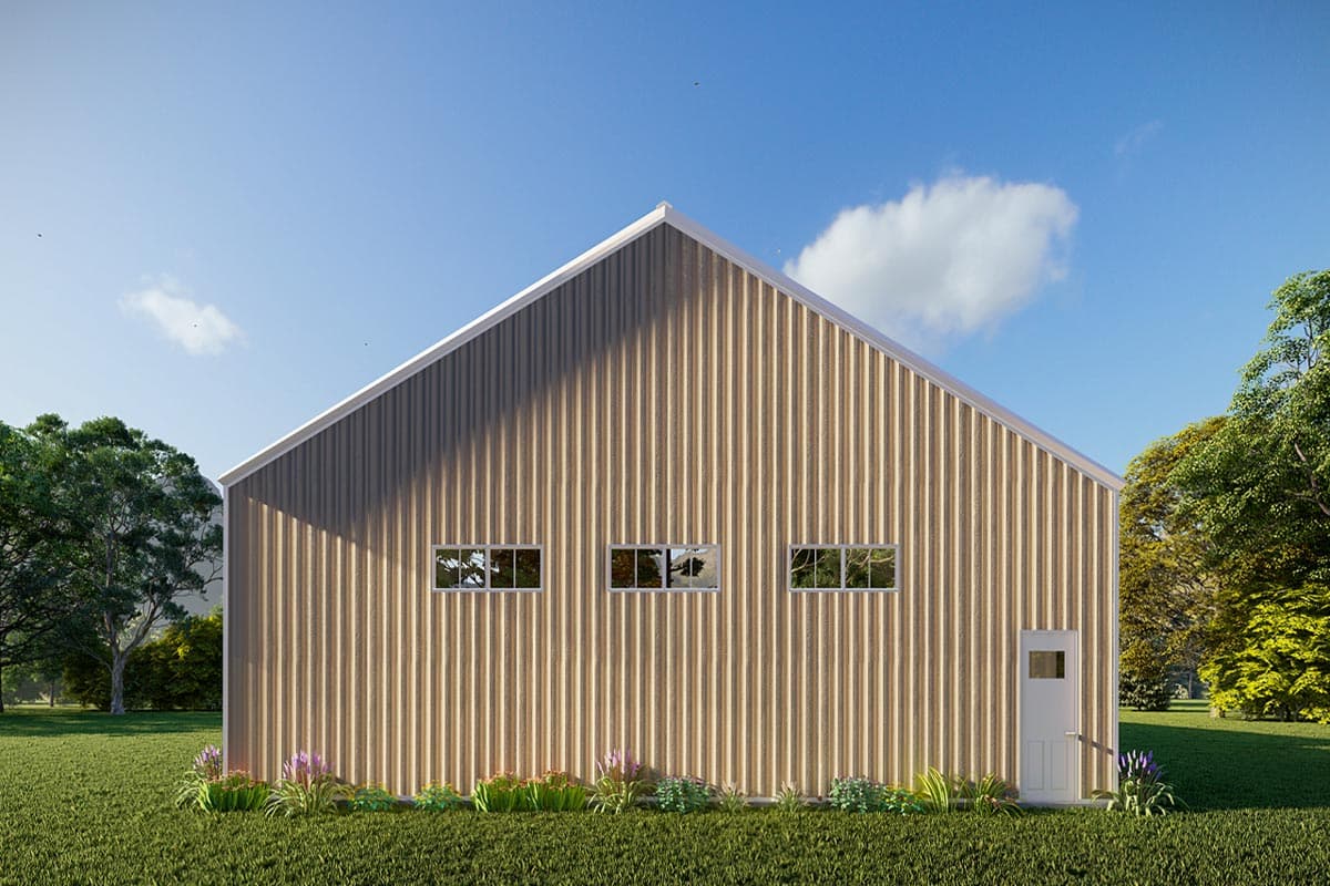 House plan exterior: Modern gabled structure with vertical siding, three horizontal windows, and a single entry door.