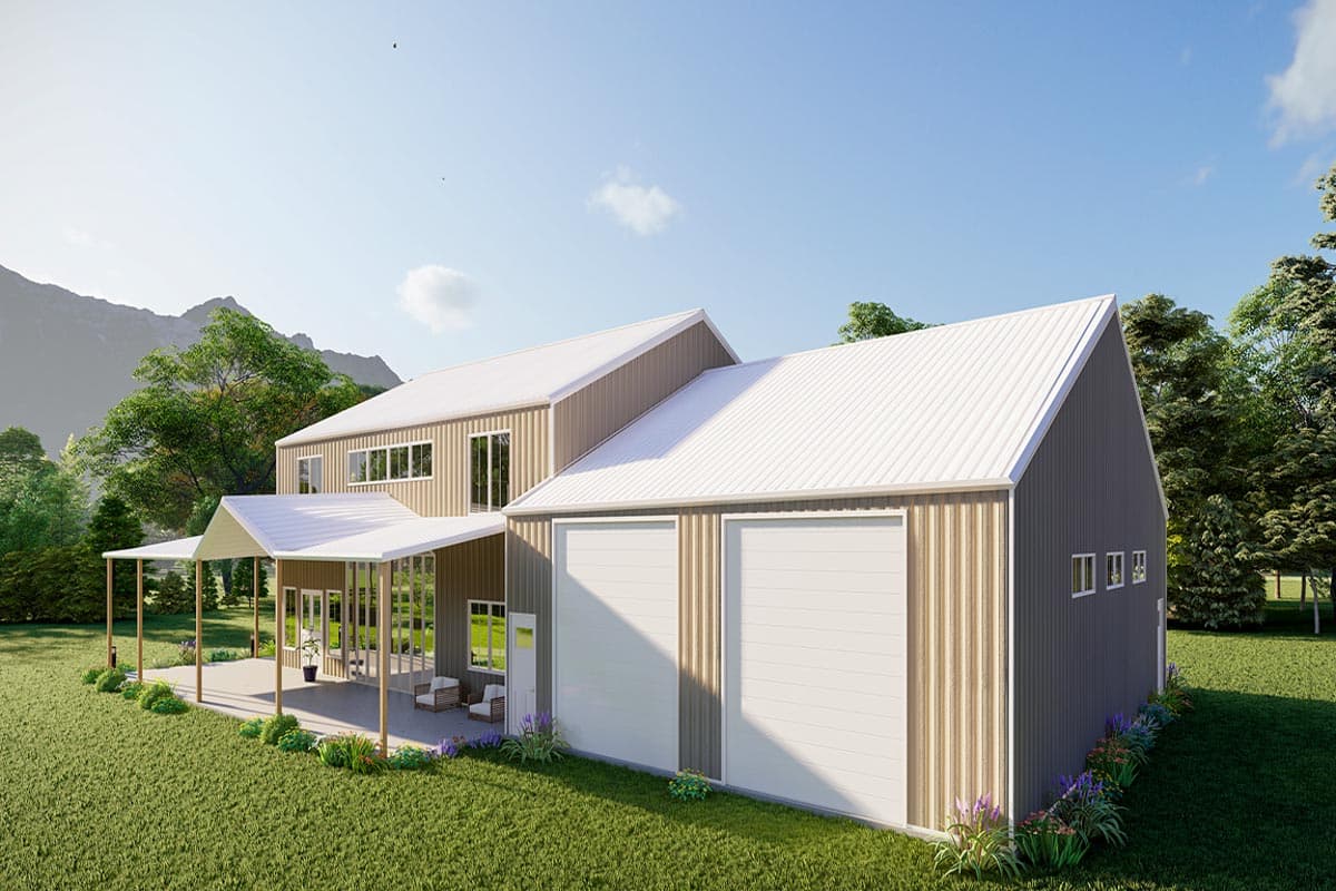 House plan exterior: Modern style, two stories, covered patio, and a two-bay garage with large doors.