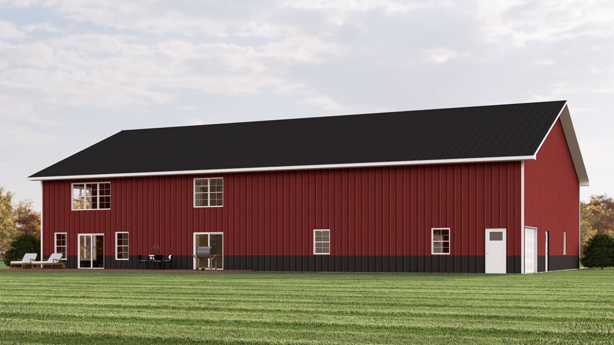 Two-story house plan exterior with red metal siding, black wainscoting, multiple grid windows, sliding doors, and a large gabled roof.
