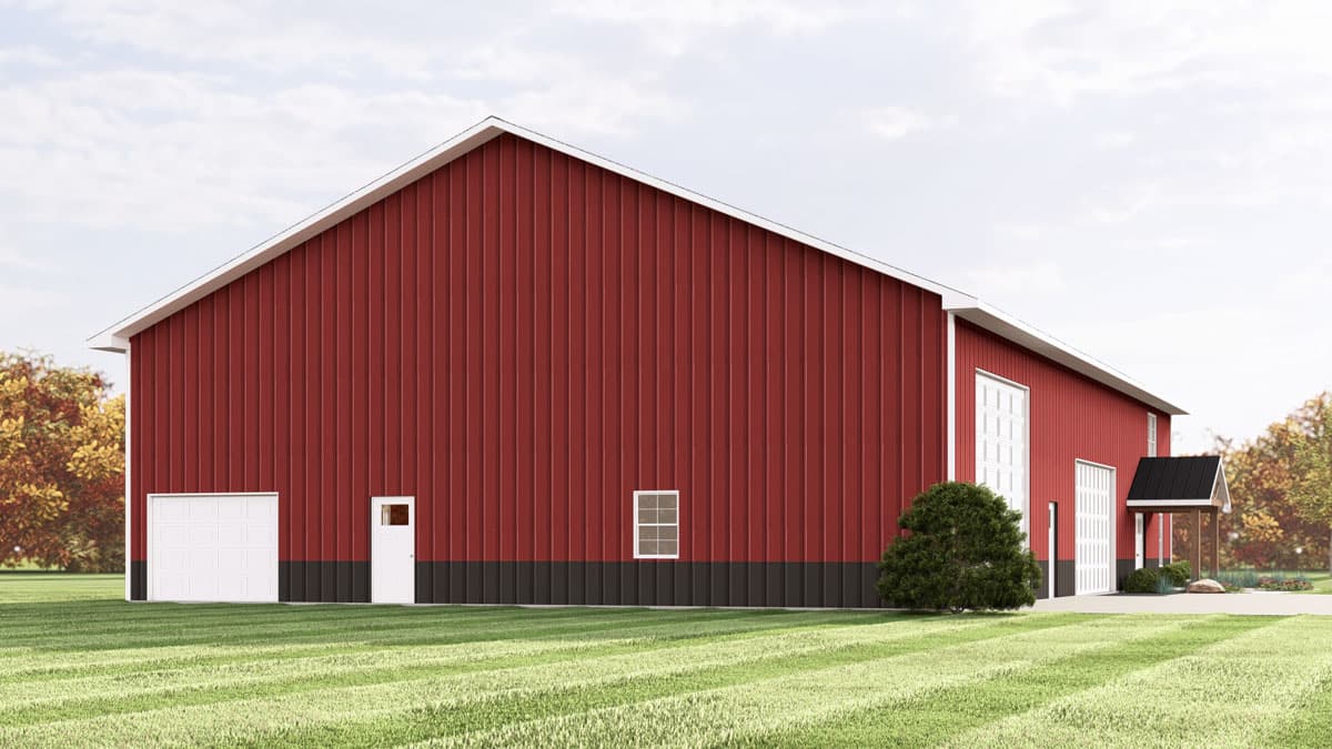Red barn style house plan exterior with white garage doors, a single door, and a covered entrance.
