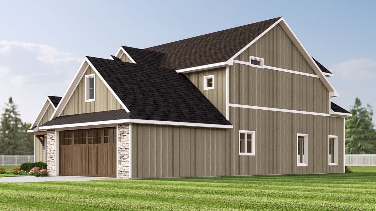 House plan exterior: Two-story Modern Farmhouse with prominent gables, stone accents on garage, and vertical siding.