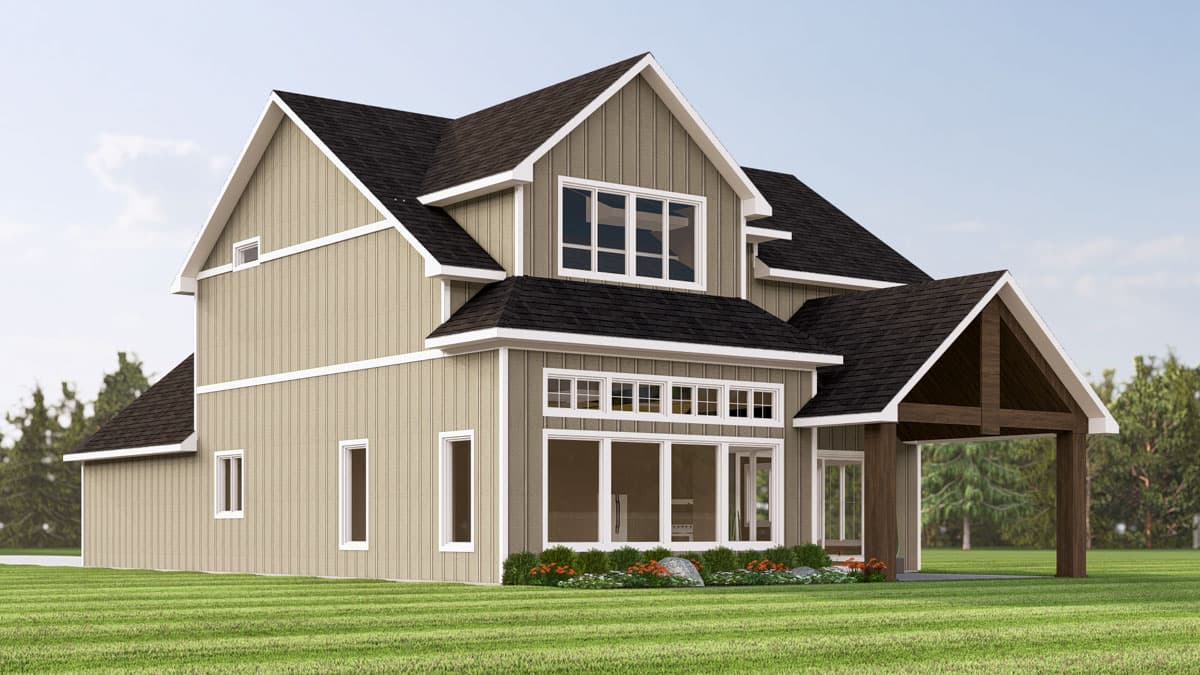 House plan exterior: two-story modern farmhouse with board and batten siding, gables, and exposed timber-frame porch.