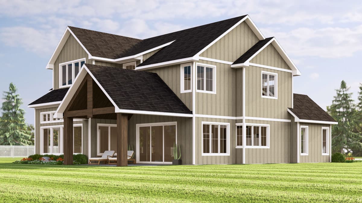 House plan exterior: Two-story Modern Farmhouse with gabled rooflines, vertical siding, and a covered porch with exposed wooden beams.