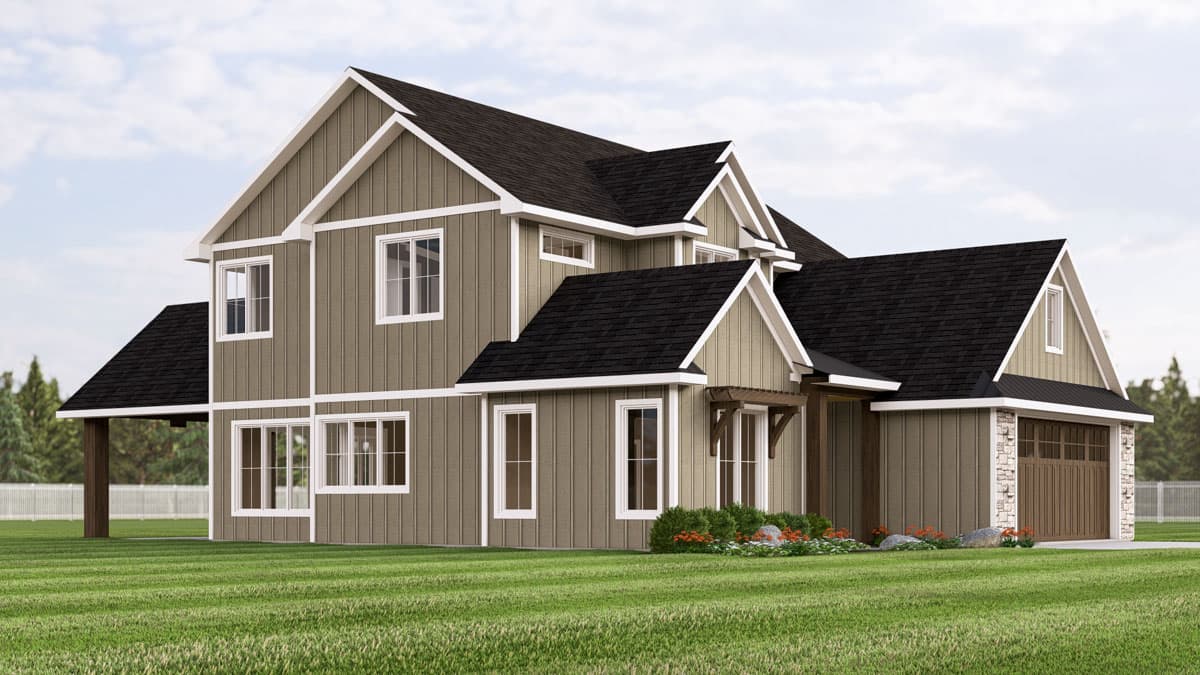 House plan exterior: two-story Modern Farmhouse with gables, board-and-batten siding, and attached garage.