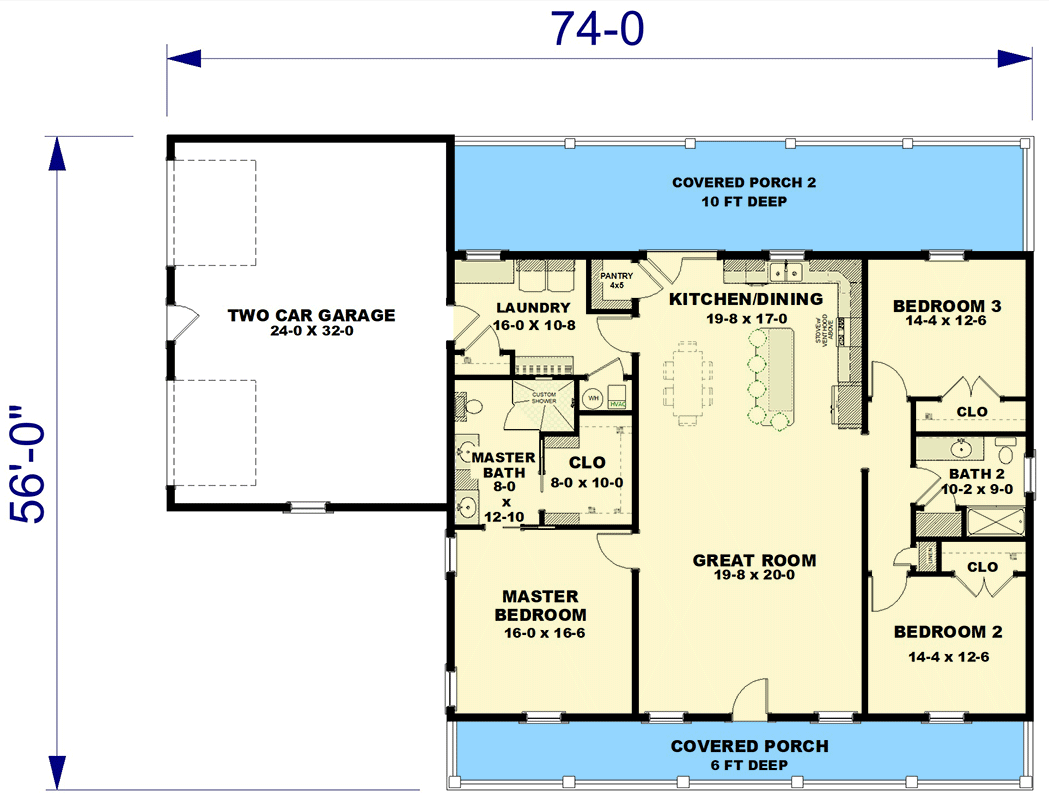 Plan 25056DH: 3-Bed Country House Plan with Open-Concept Living Space - 2000 Sq Ft - Floor Plan - Main Level - Country, Farmhouse, Ranch
