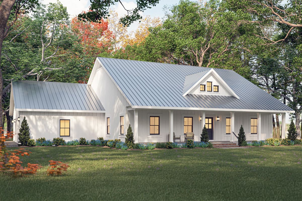 Modern Farmhouse style house plan exterior with white board and batten siding, metal roof, dormer, and covered porch.