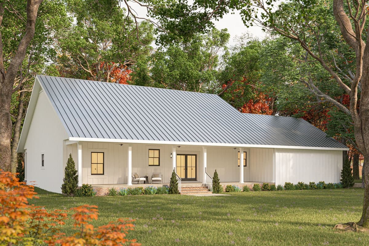Modern Farmhouse style house plan exterior with a metal gable roof and covered front porch with white columns and double entry doors.
