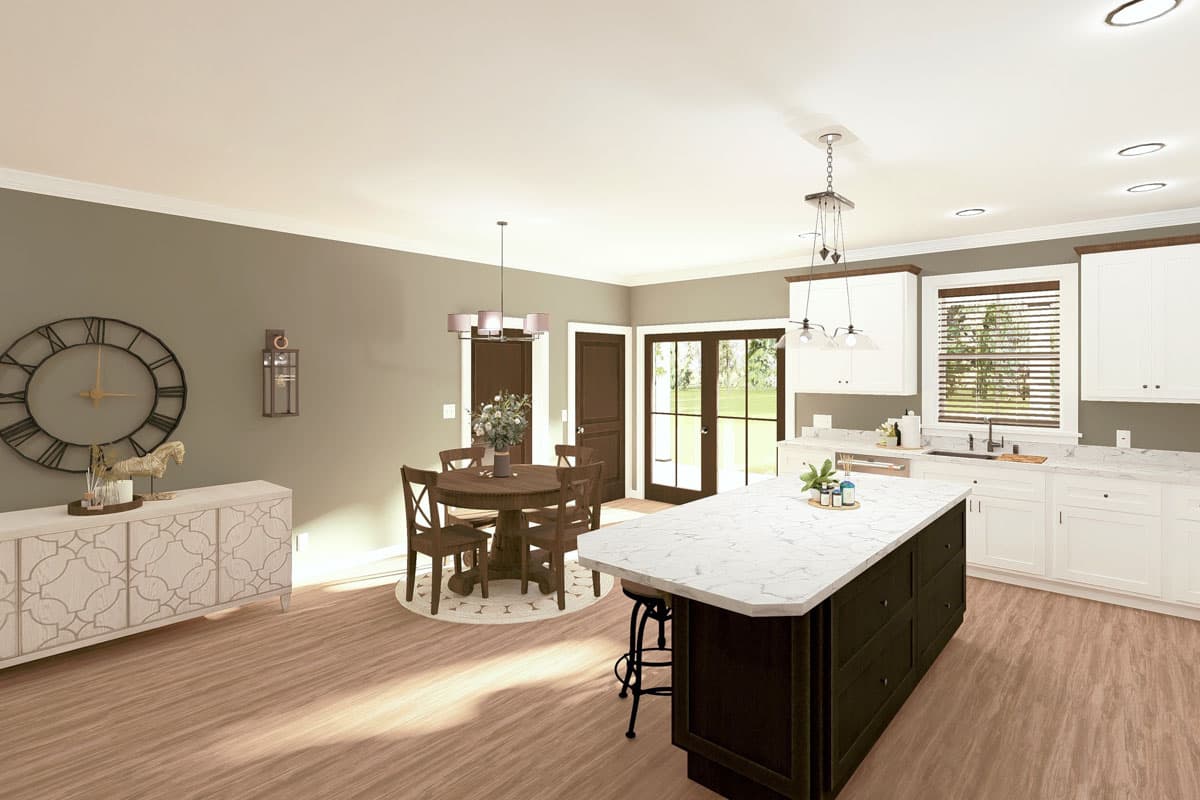 Kitchen and dining area rendering with island, round table, white cabinets, and double doors.