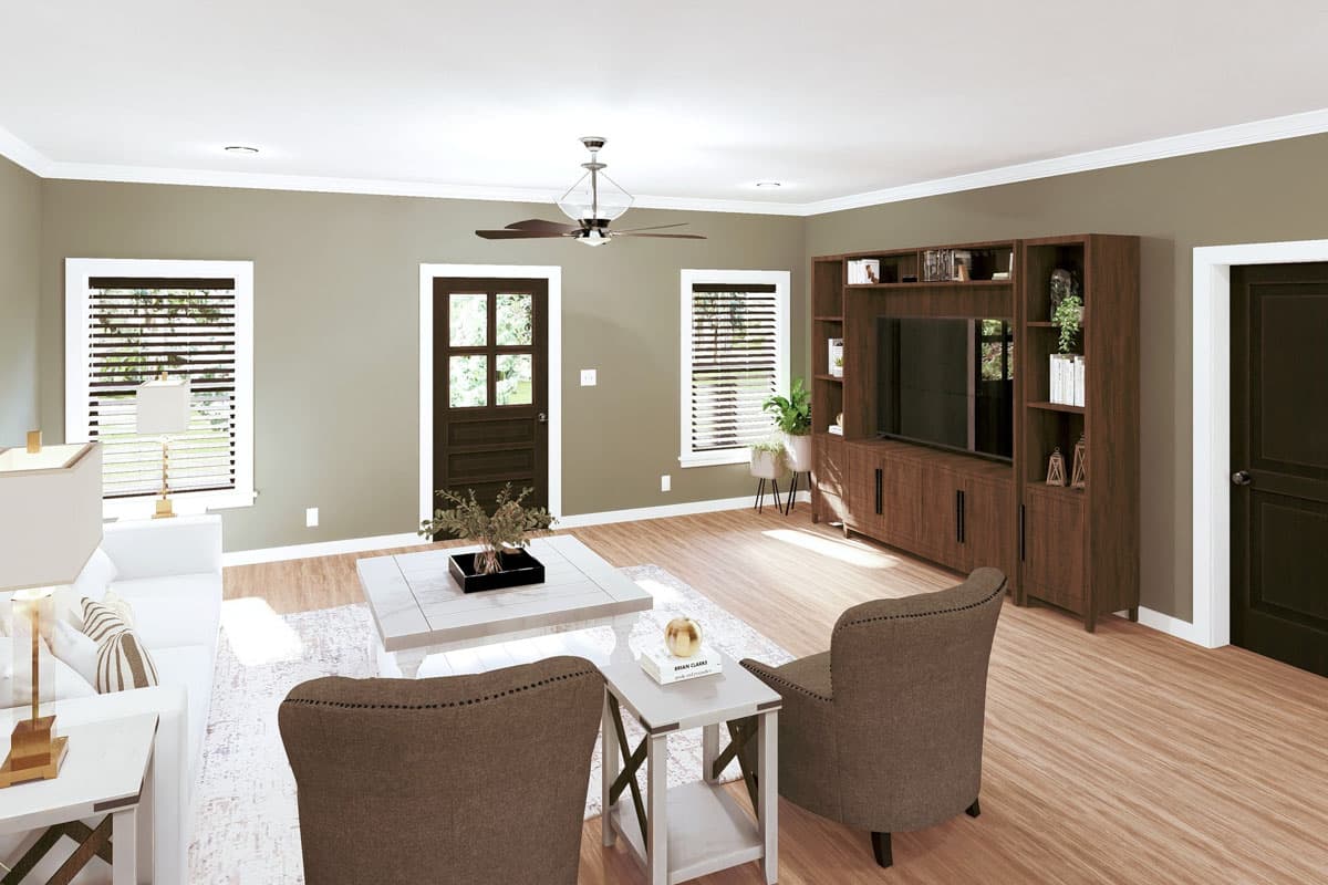 Interior rendering of a living room with a fireplace, entertainment center, and front door.