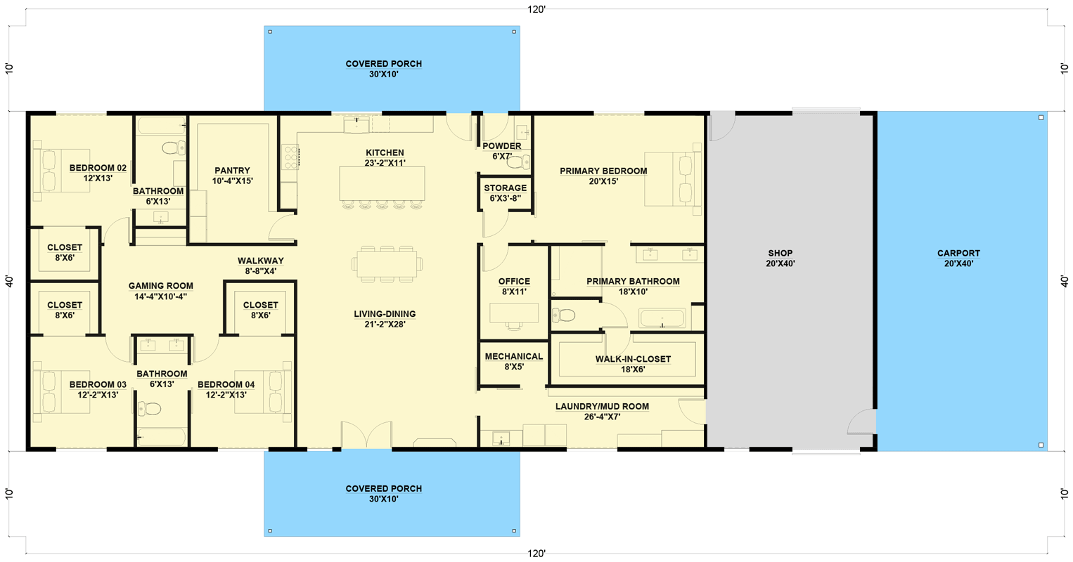 Plan 530126KTE: Single-Story Country Barndominium House Plan with Game Room - 3200 Sq Ft - Floor Plan - Main Level - Barndominium, Country