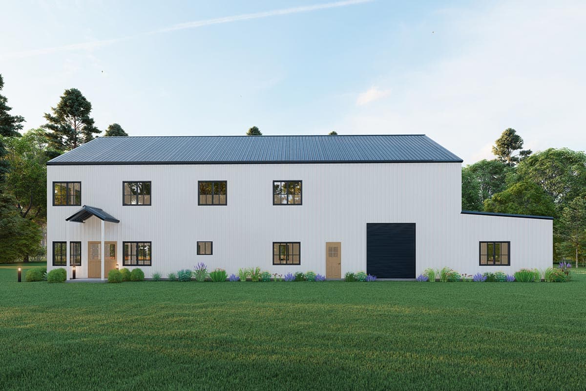 House plan exterior. Two-story Modern style with metal roof. Features include a covered entry, dark garage door, and multiple windows.