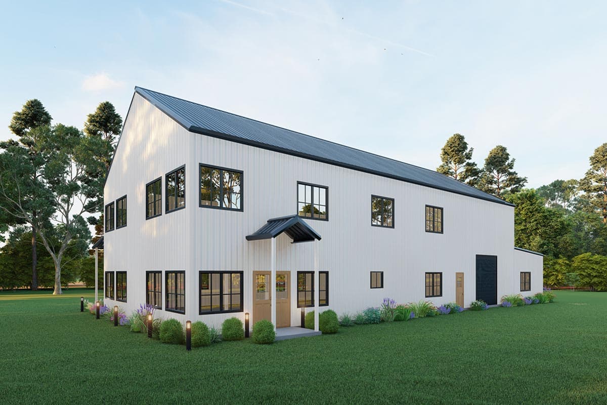 Modern house plan exterior with white vertical siding, dark metal roof, gabled front entrance, and numerous dark-framed windows.
