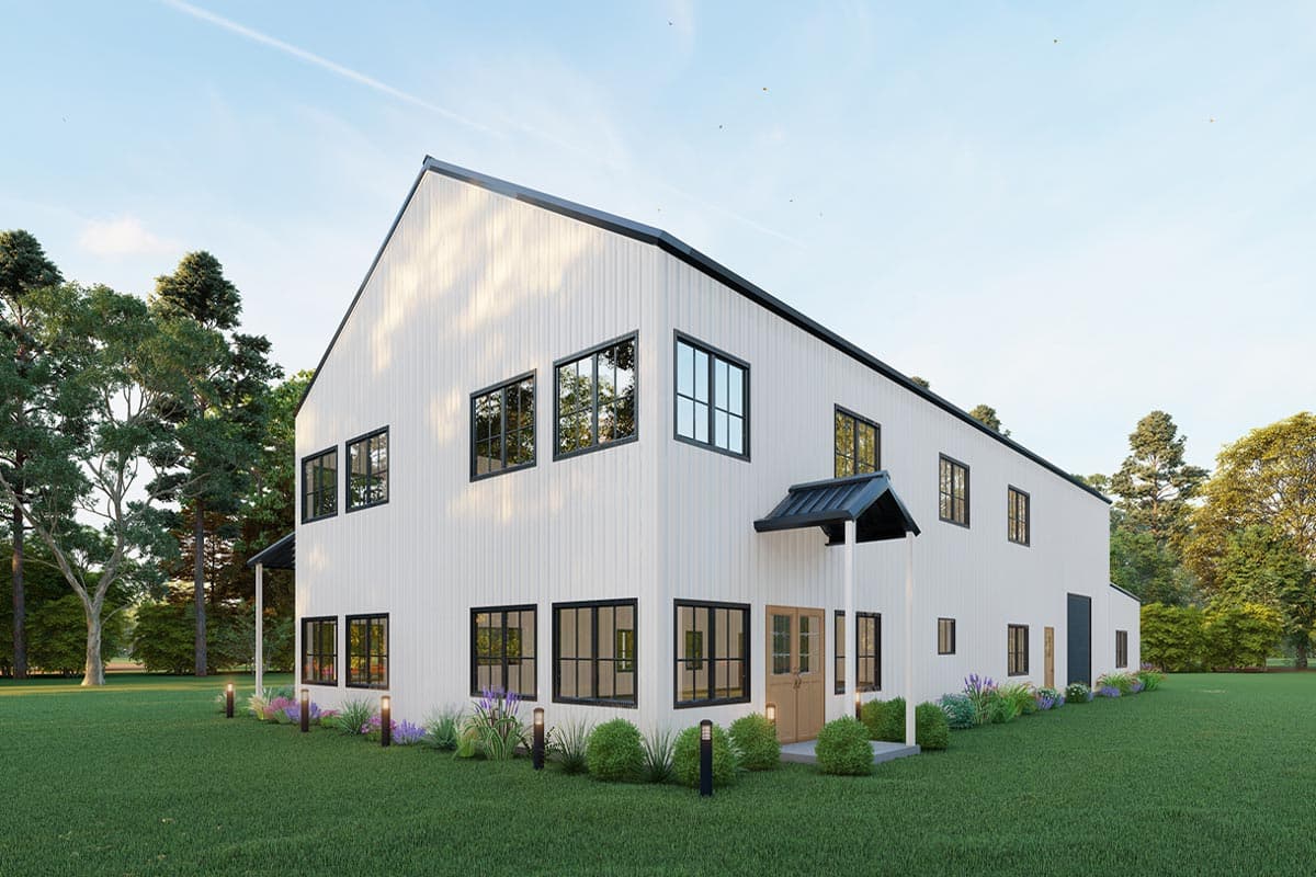 Modern Farmhouse house plan exterior, two stories, white vertical siding, metal roof, and multiple windows.