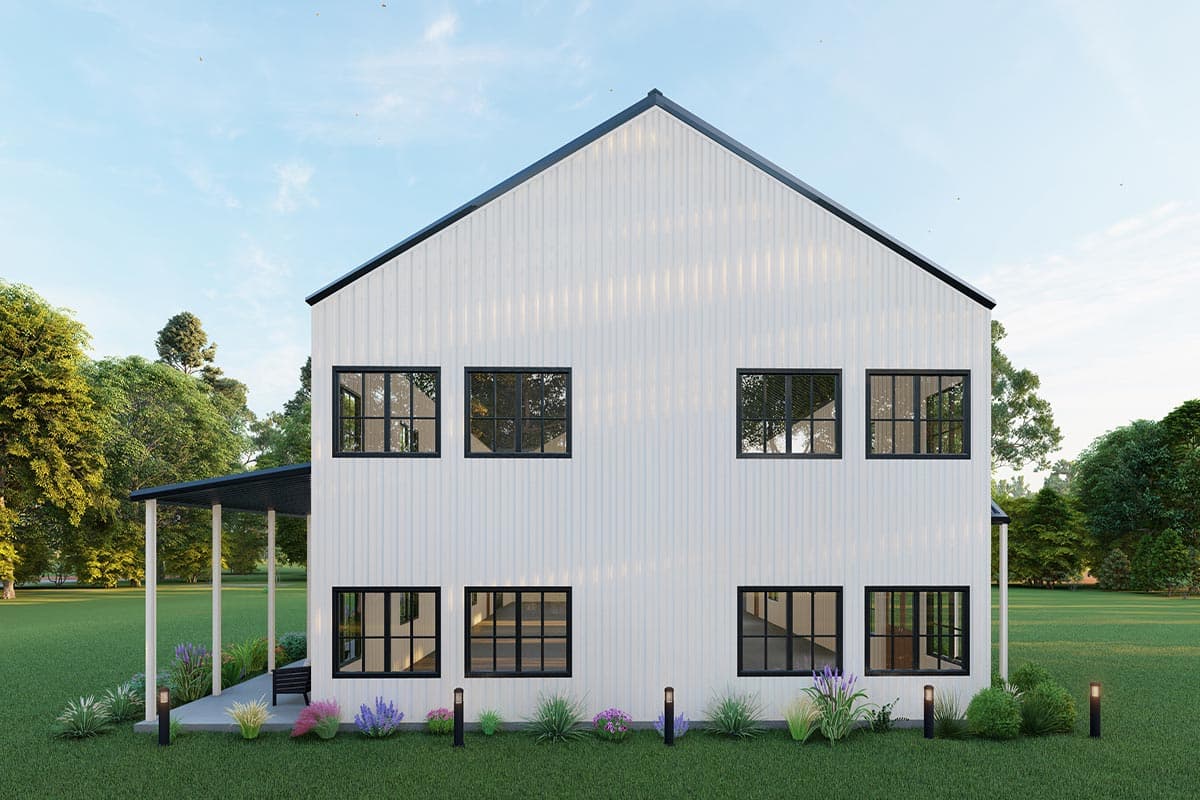 House plan exterior: Modern style, two stories, white vertical siding, metal roof, covered porch, and grid windows.