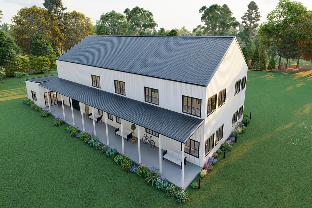 Two-story Modern Farmhouse house plan exterior with wraparound porch, metal roof, and gabled dormer.
