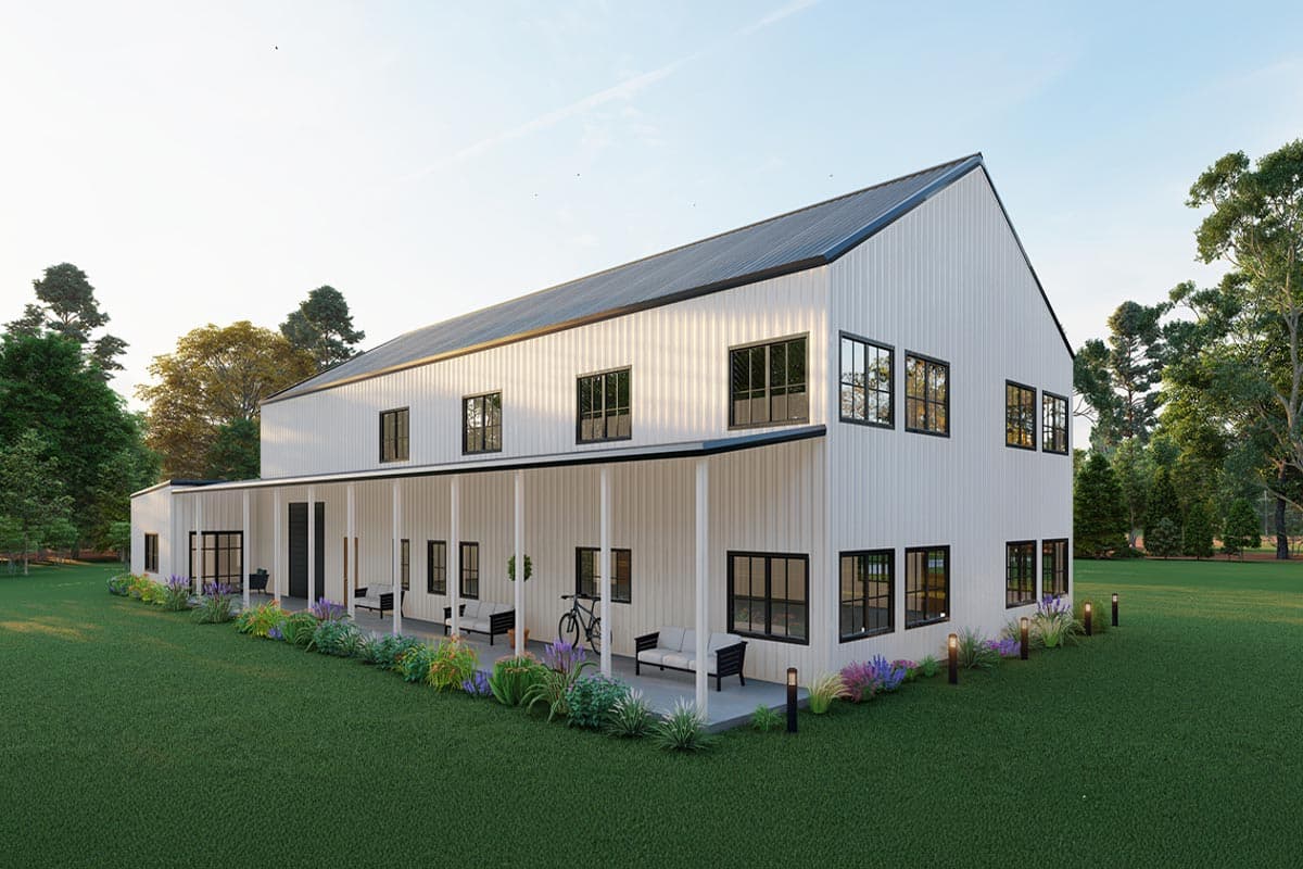 Modern house plan exterior featuring white vertical siding, metal roof, wraparound porch with columns, and numerous black-framed windows.