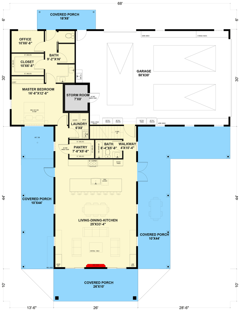 Plan 530128KTE: 3-Story Barndo House Plan with 4-Bedrooms - 3215 Sq Ft - Floor Plan - Main Level - Barndominium, Country, Modern Farmhouse