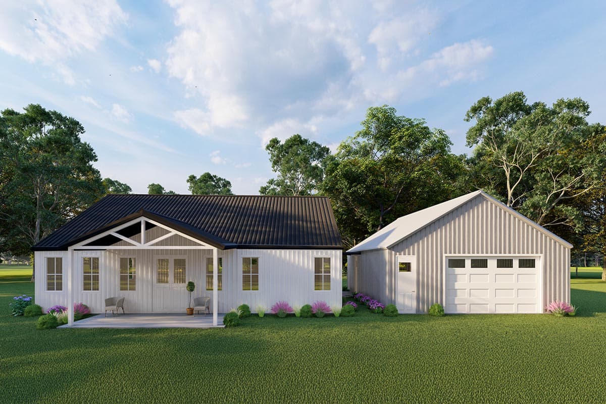 House plan exterior. One-story structure with a gable roof, covered porch, and detached garage with a side-entry garage door.