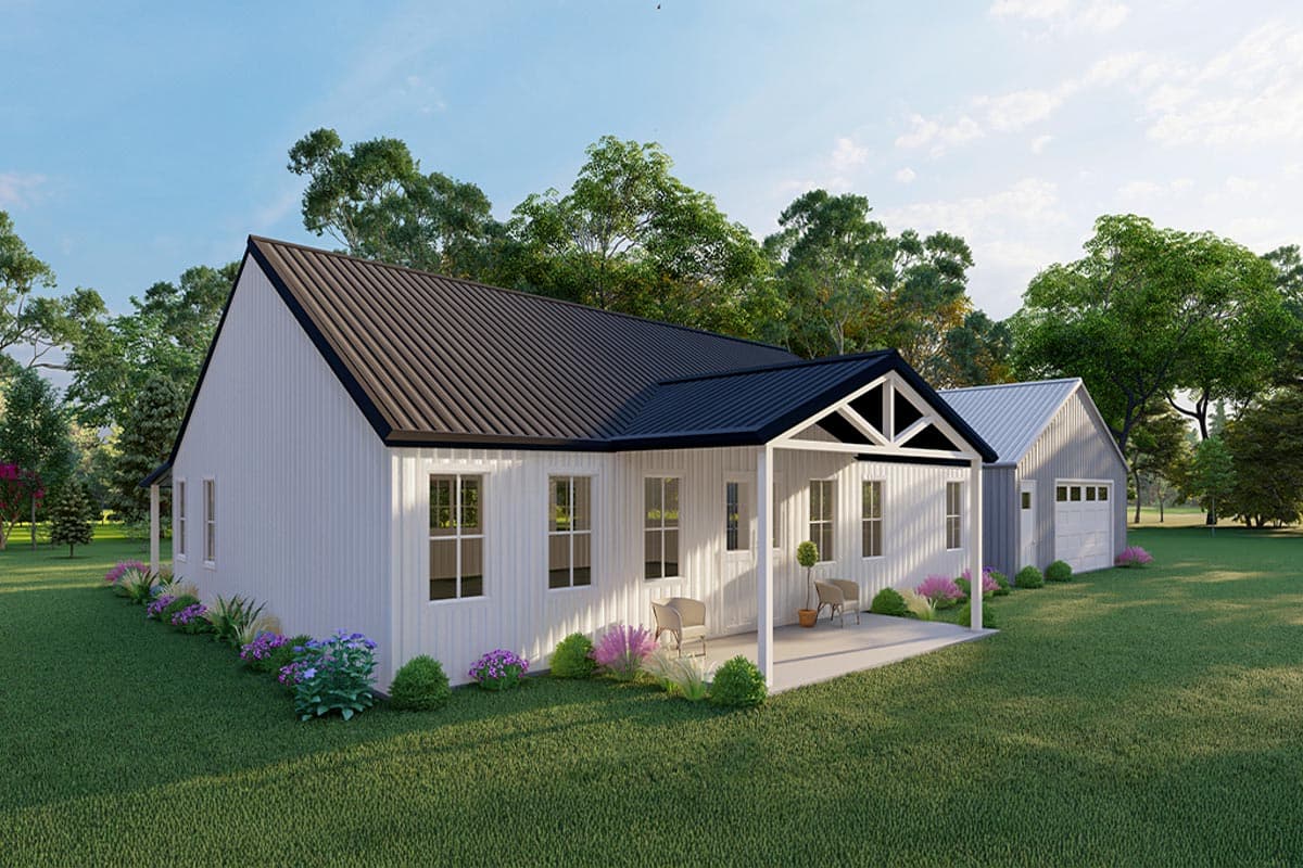House plan exterior, one-story modern farmhouse with metal roof, covered porch with gable detail, and board and batten siding.