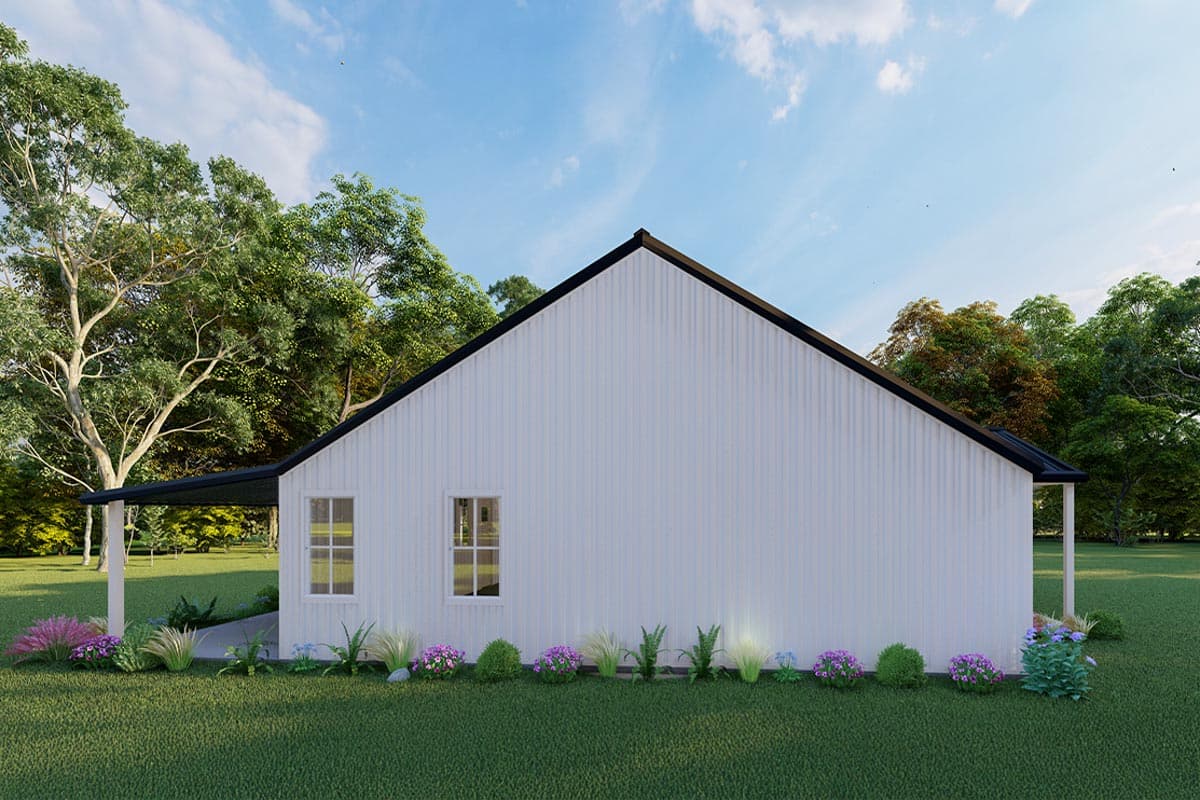 Modern Farmhouse house plan exterior, 1-story, with white vertical siding, gable roof, and covered porch.