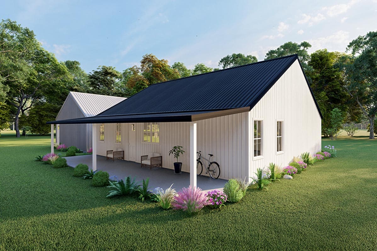 House plan exterior: Modern Farmhouse style, one story, with covered porch, white vertical siding, and black standing seam roof.