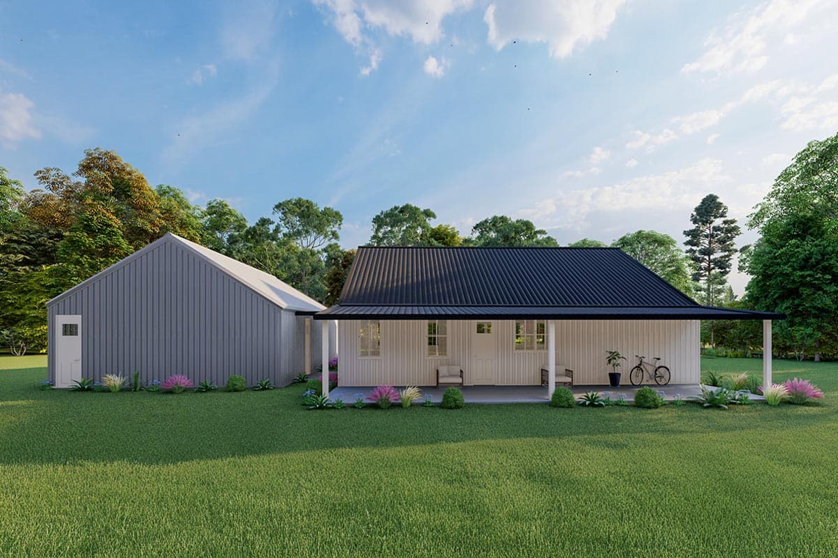 House plan exterior: single-story Modern Farmhouse with covered porch, gabled roof, and attached garage.