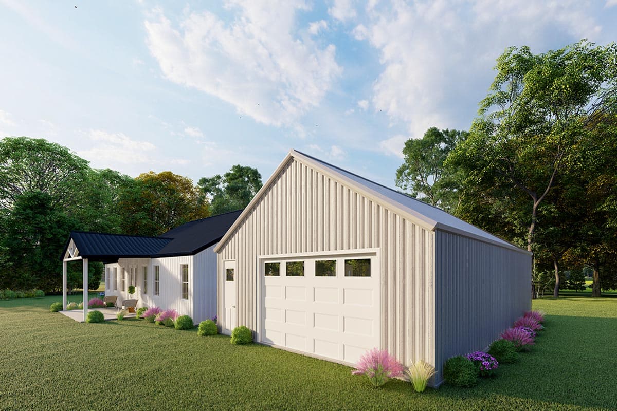 Modern Farmhouse house plan exterior, one story, with a covered porch, gabled rooflines, and attached two-car garage with square windows.
