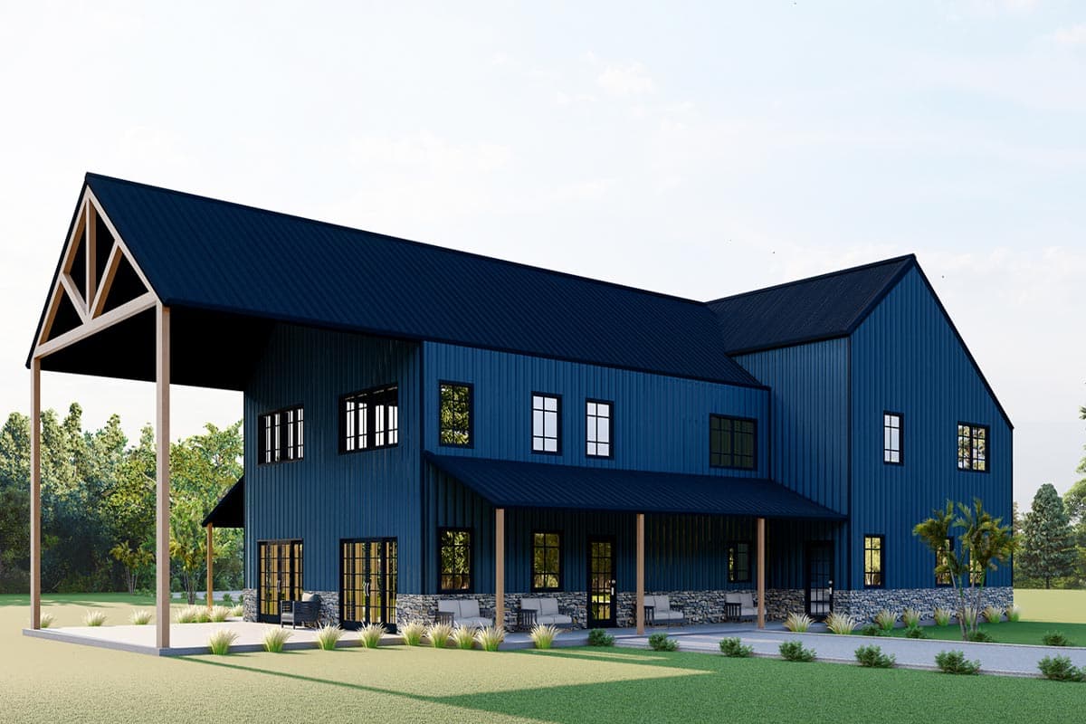 Modern Farmhouse house plan exterior with dark blue metal siding, a gable roof, covered porch, and large open carport.