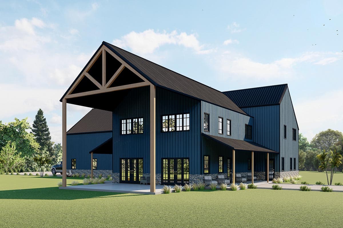 House plan exterior of a two-story modern farmhouse with dark metal roof, blue siding, and a prominent covered porch with exposed beams.