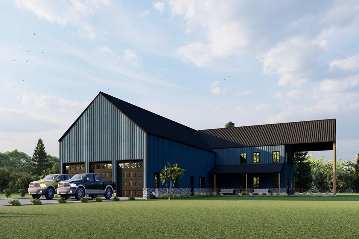 House plan exterior: Modern barn style, 2 stories, three-car garage, covered porch with stone foundation.