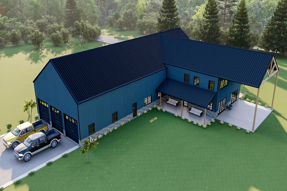 Blue two-story house plan with dark roof, three-car garage, covered porch, and open patio.