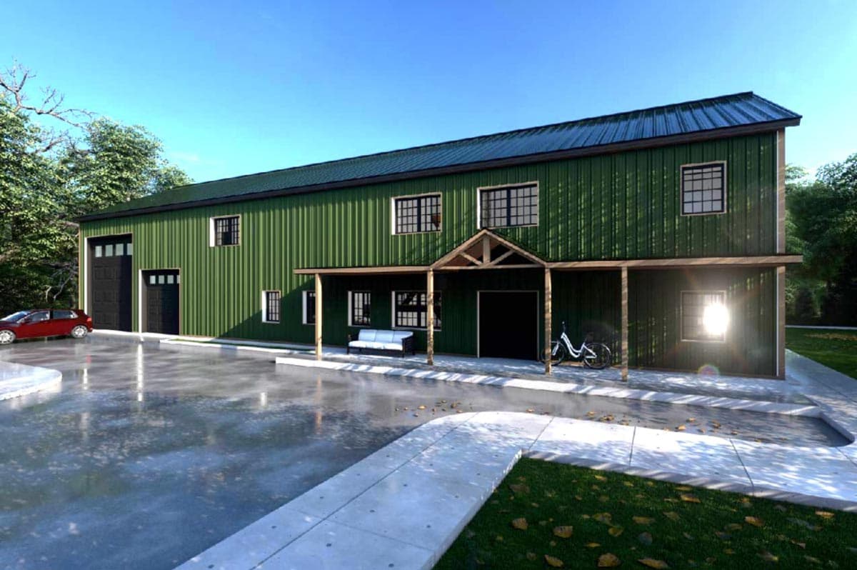 House plan exterior. Two-story building in a modern style with a metal roof, covered porch, and garage. Green siding. Includes multi-paned windows.