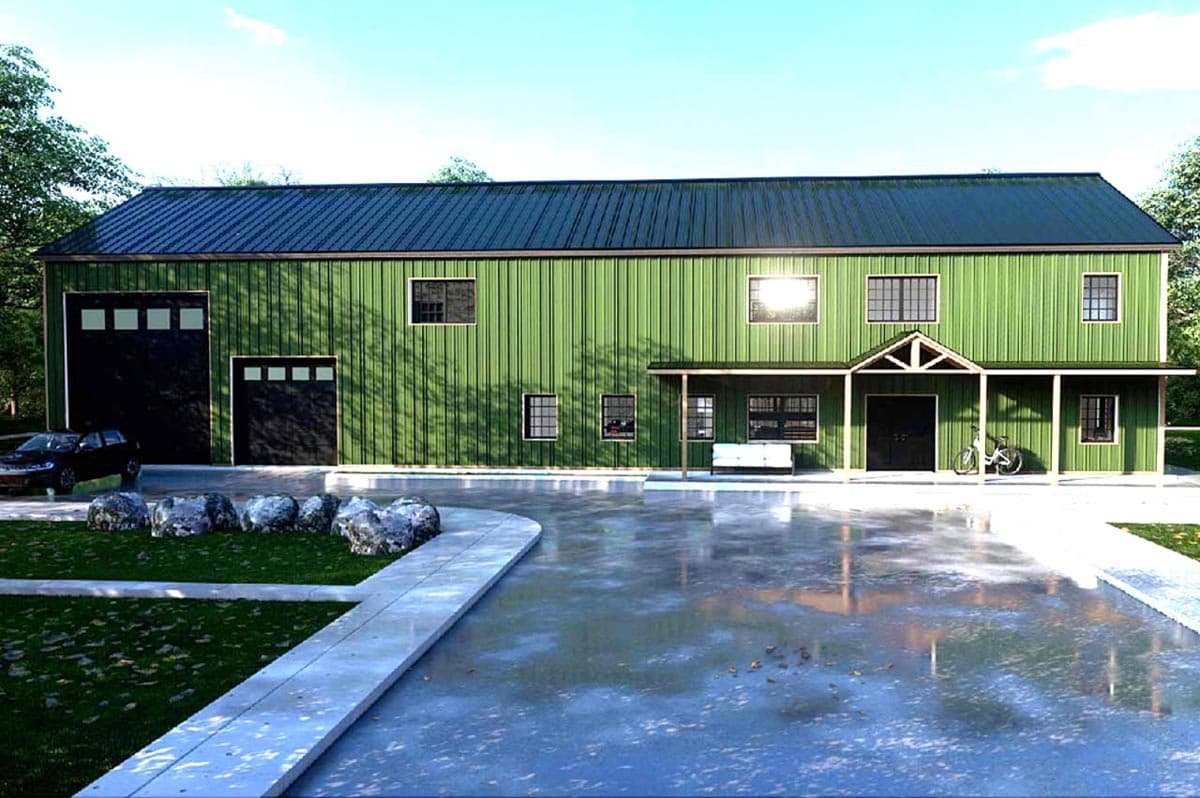 House plan exterior with green vertical metal siding, a dark metal gable roof, two garages, and a covered entry.