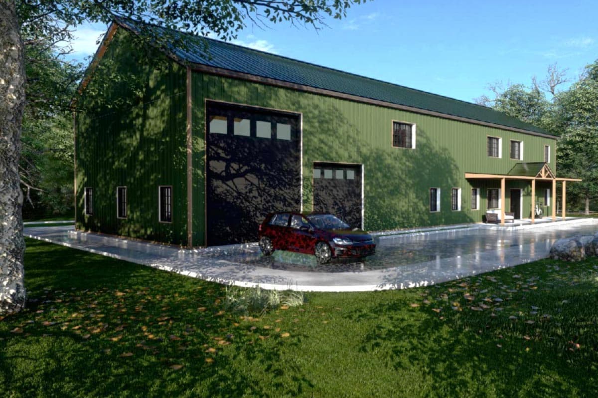 Two-story house plan exterior with green metal siding, large garage doors, and a covered porch entry.