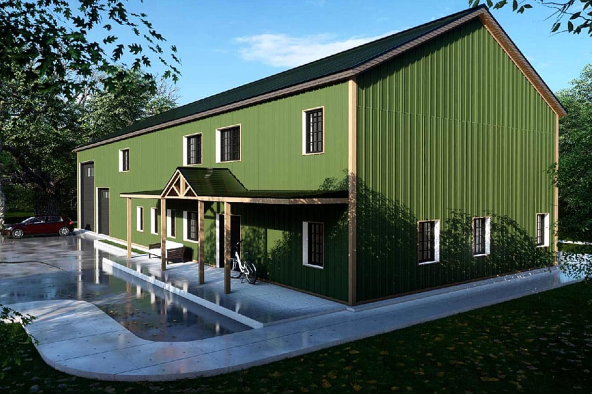 House plan exterior, two-story building with green corrugated metal siding, front porch with gable roof, and multiple windows.