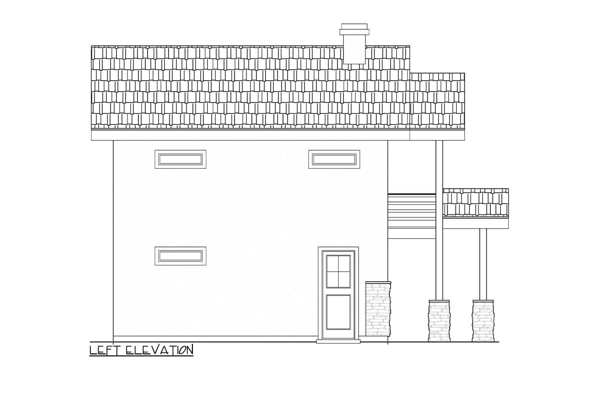 Left elevation house plan showing a side view with a tiled roof, chimney, door, two upper windows, and a balcony supported by stone-clad columns.