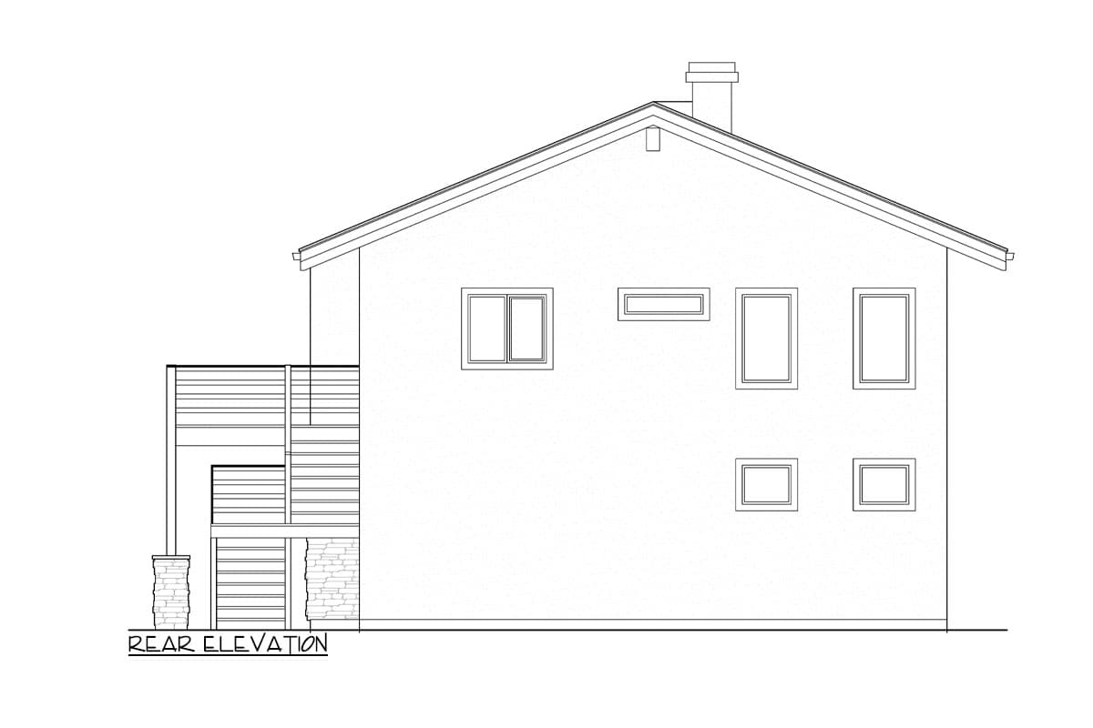 Rear elevation drawing of a house plan featuring a pitched roof, chimney, multiple windows, and a deck with stone-clad supports.